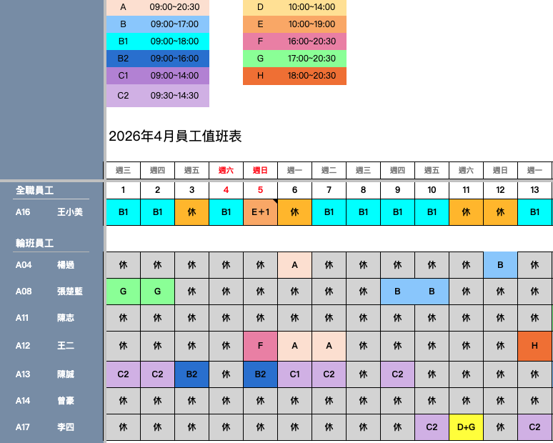 2026 年 4 月員工值班表示意：班別代號與顏色圖例、員工列與每日排班格